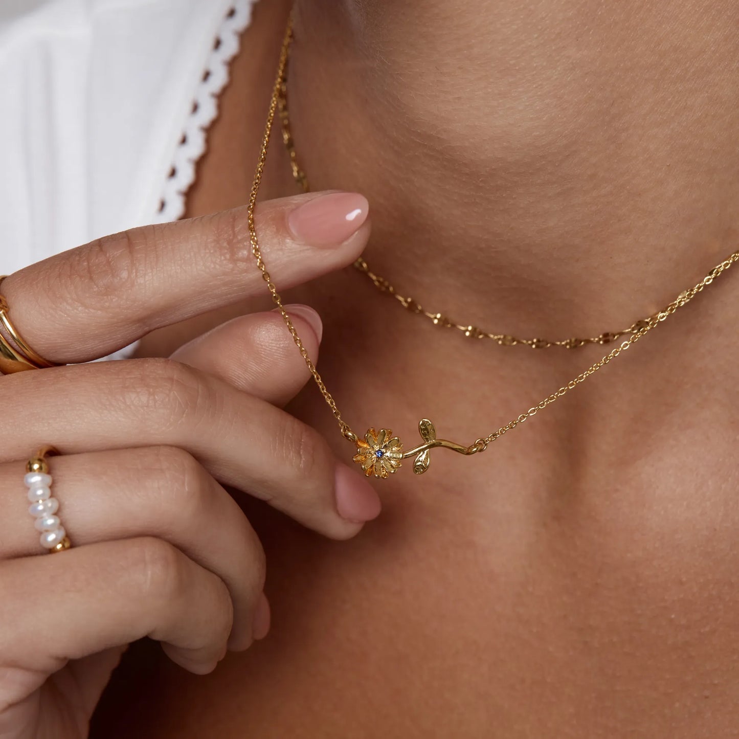 Custom birthflower necklace detail — Olivia Jewelry
