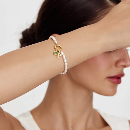 Silver pearl initial birthstone bracelet — Olivia Jewelry
