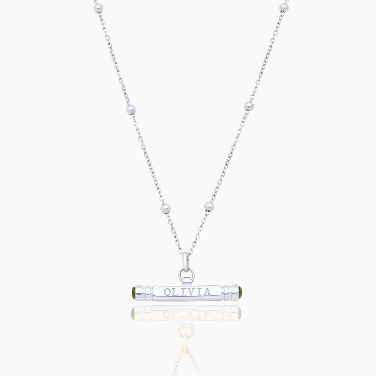 custom-name-birthstone-t-bar-necklace — Silver / Aug-Peridot