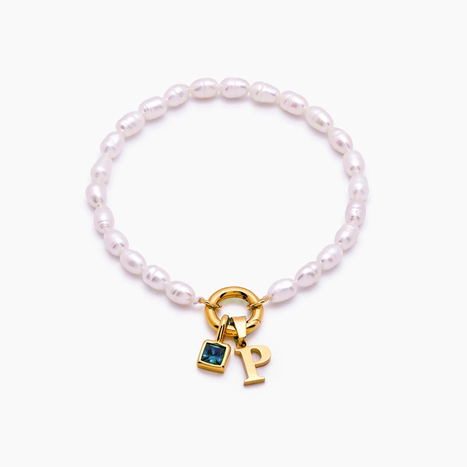pearl-initial-birthstone-bracelet — Gold / Mar-Aquamarine