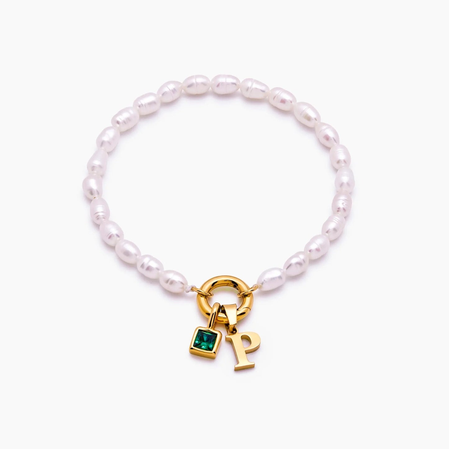 pearl-initial-birthstone-bracelet — Gold / May-Emerald