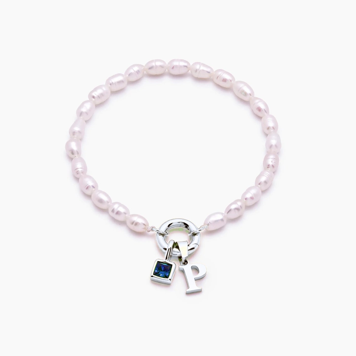pearl-initial-birthstone-bracelet — Silver / Dec-Blue Topaz