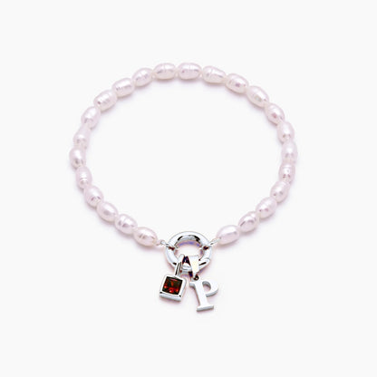 pearl-initial-birthstone-bracelet — Silver / Jul-Ruby