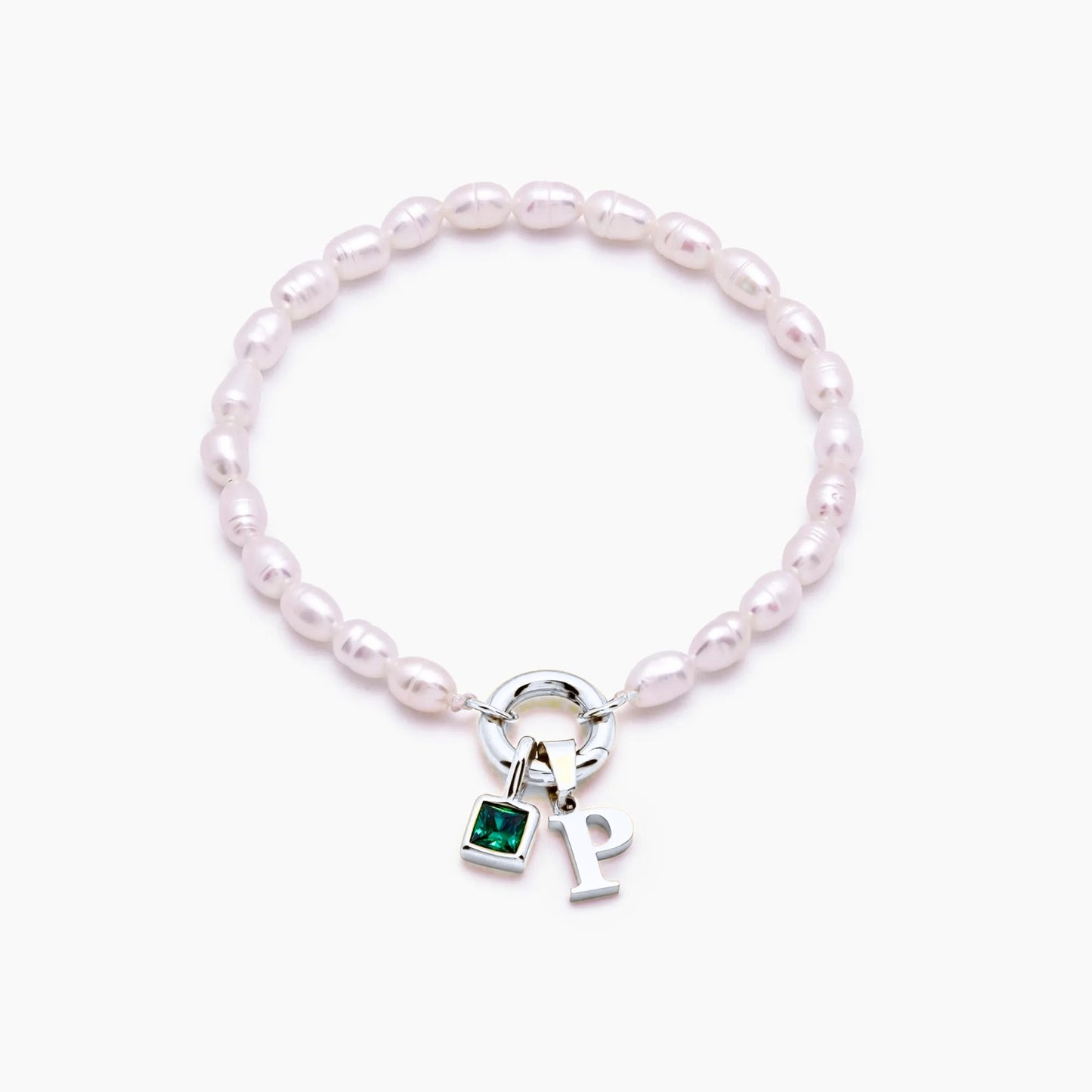 pearl-initial-birthstone-bracelet — Silver / May-Emerald