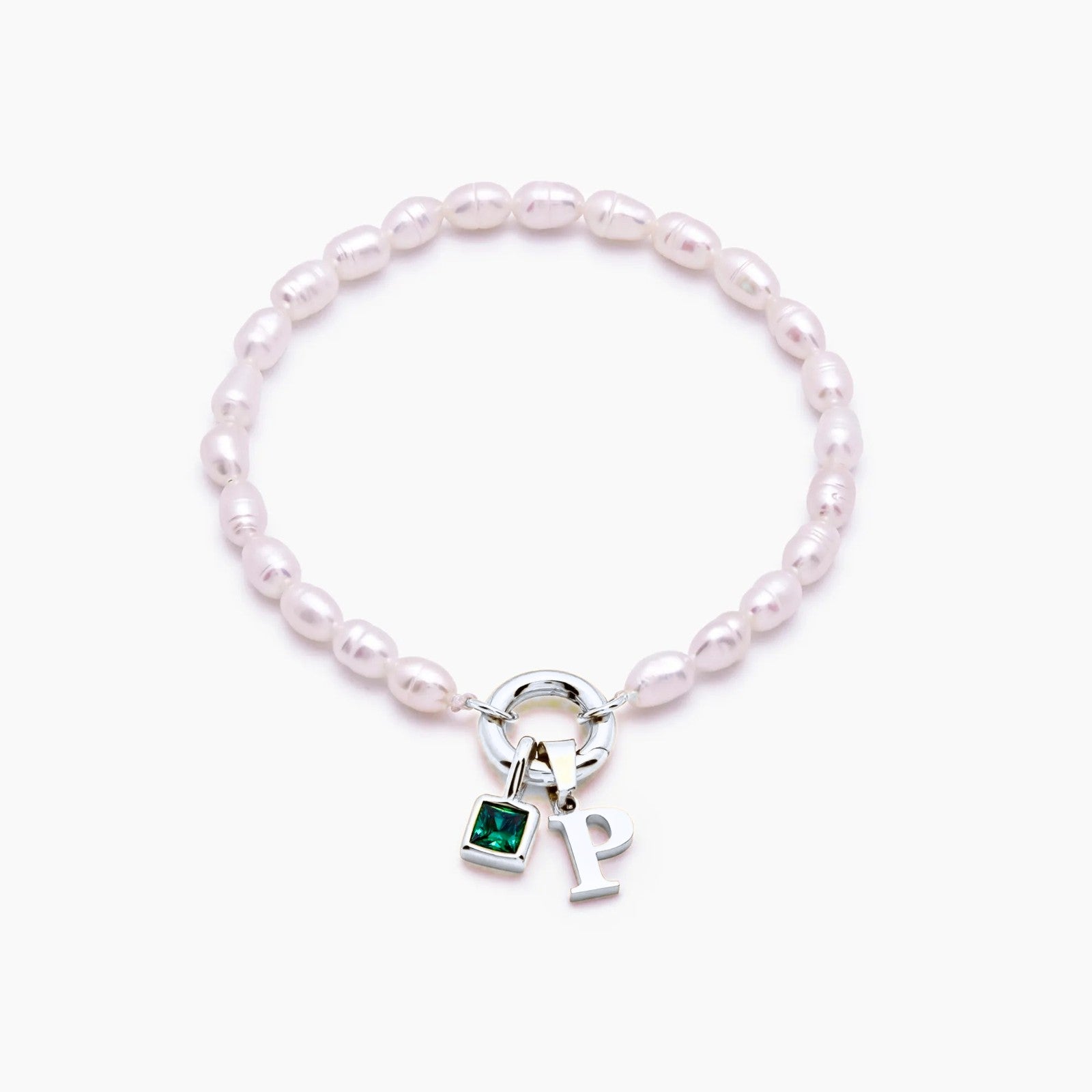pearl-initial-birthstone-bracelet — Silver / May-Emerald