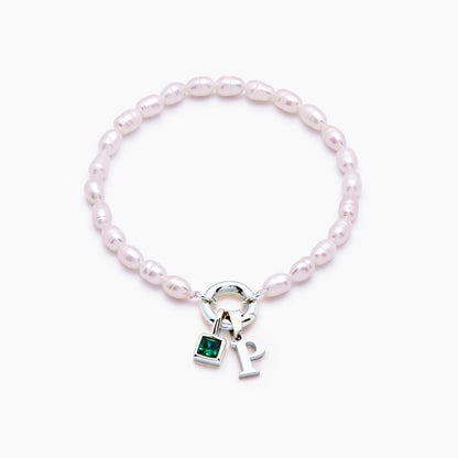 pearl-initial-birthstone-bracelet — Silver / May-Emerald