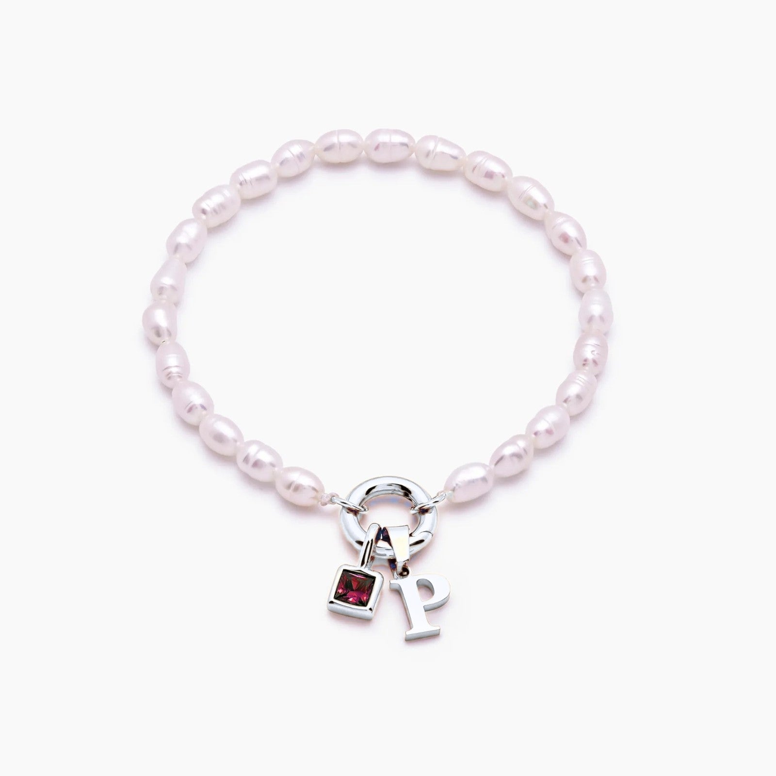 pearl-initial-birthstone-bracelet — Silver / Oct-Pink Tourmaline