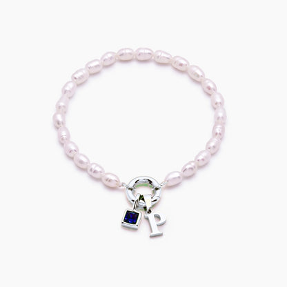 pearl-initial-birthstone-bracelet — Silver / Sep-Sapphire